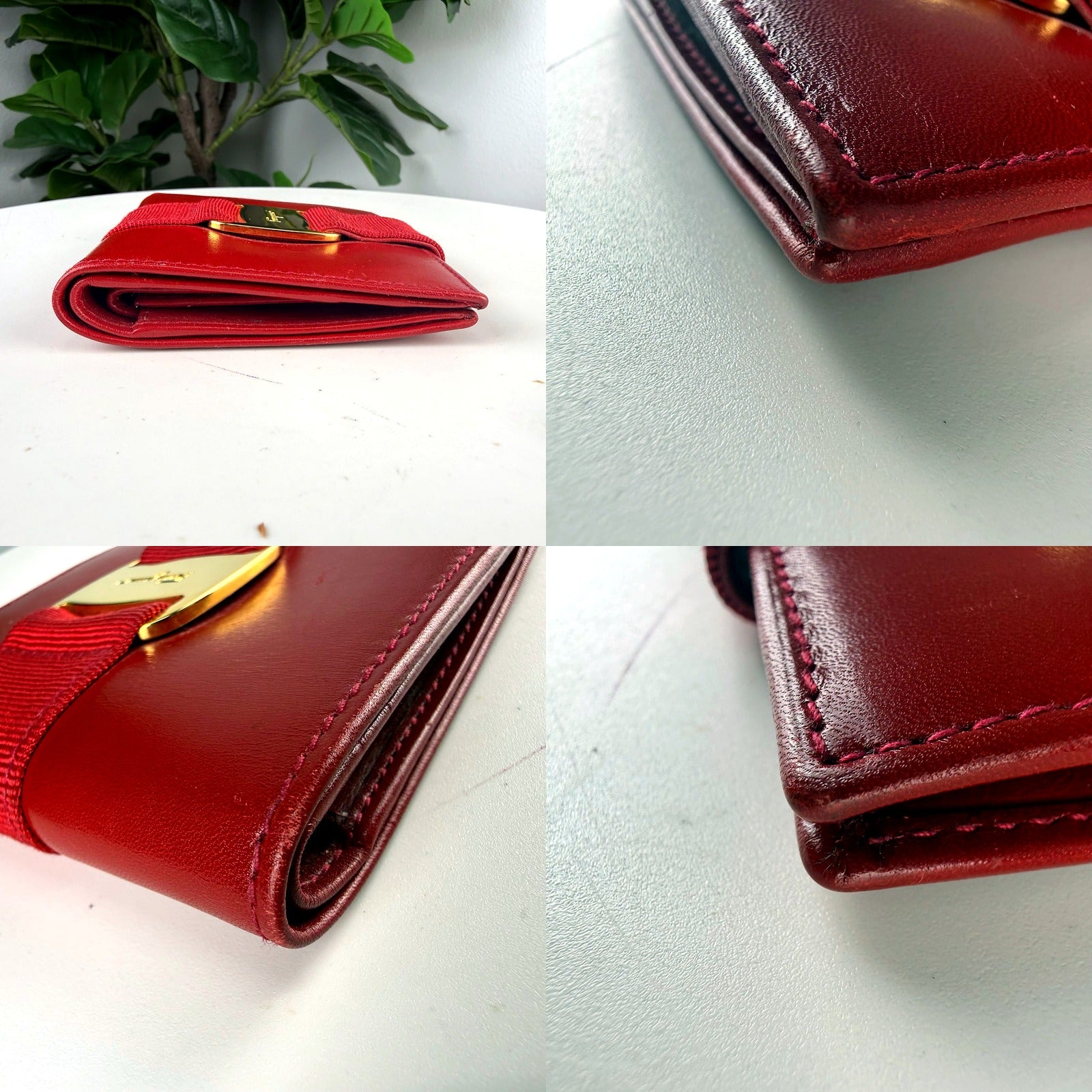 Authentic Salvatore Ferragamo Red Leather Vara Bow Trifold Wallet