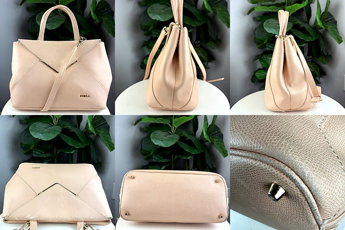 Furla tote detail views - front angle, side profiles, back, bottom, corner