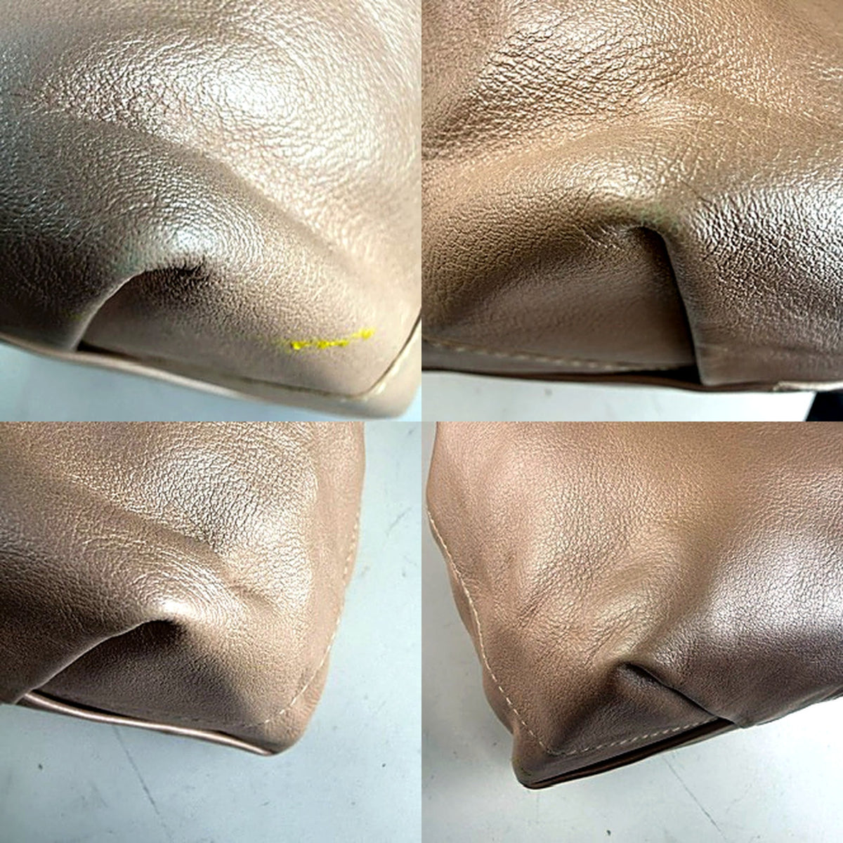 Furla blush tote corner detail showing small tear and yellow paint-transfer mark