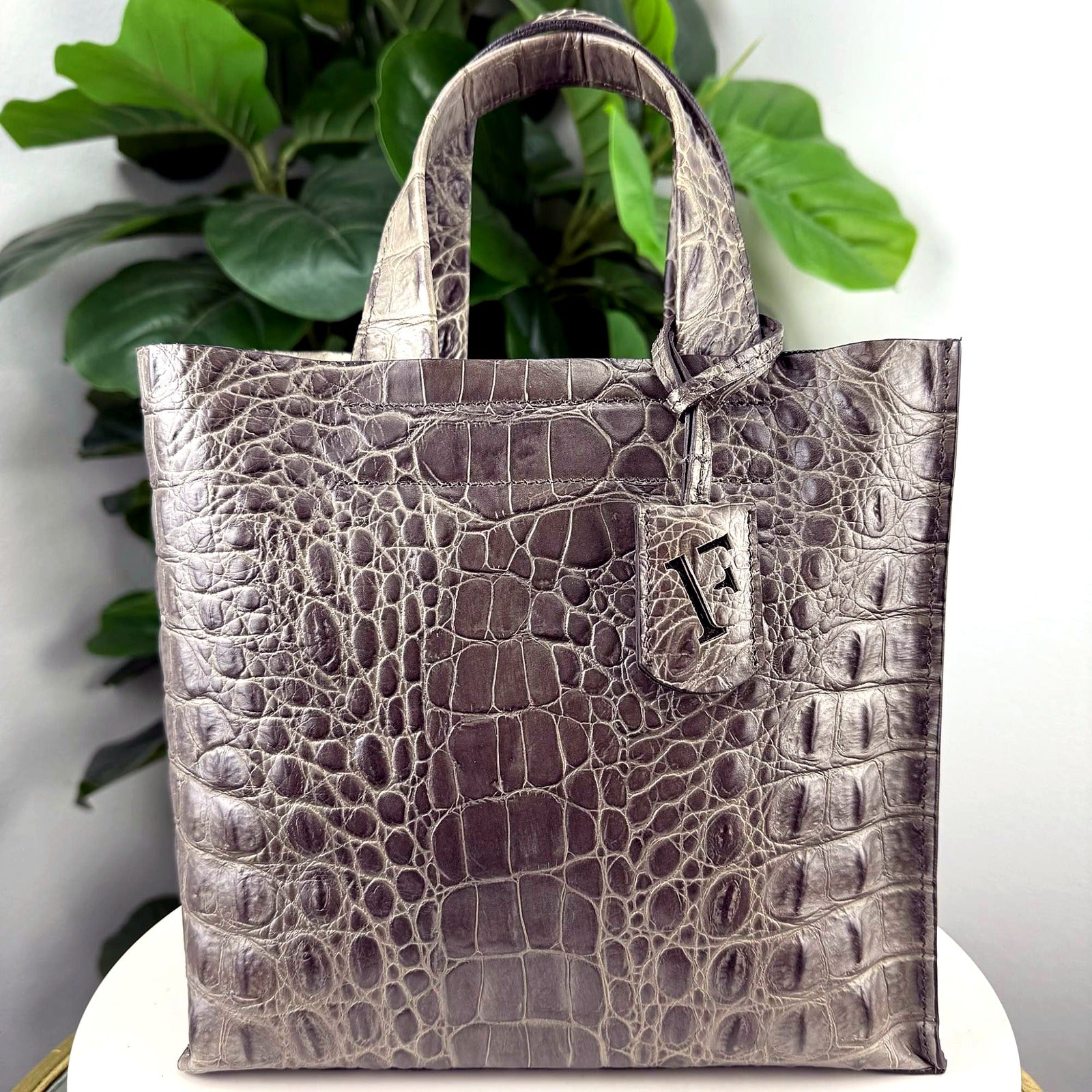 Authentic Furla Divide-It Grey Crocodile-Embossed Tote front