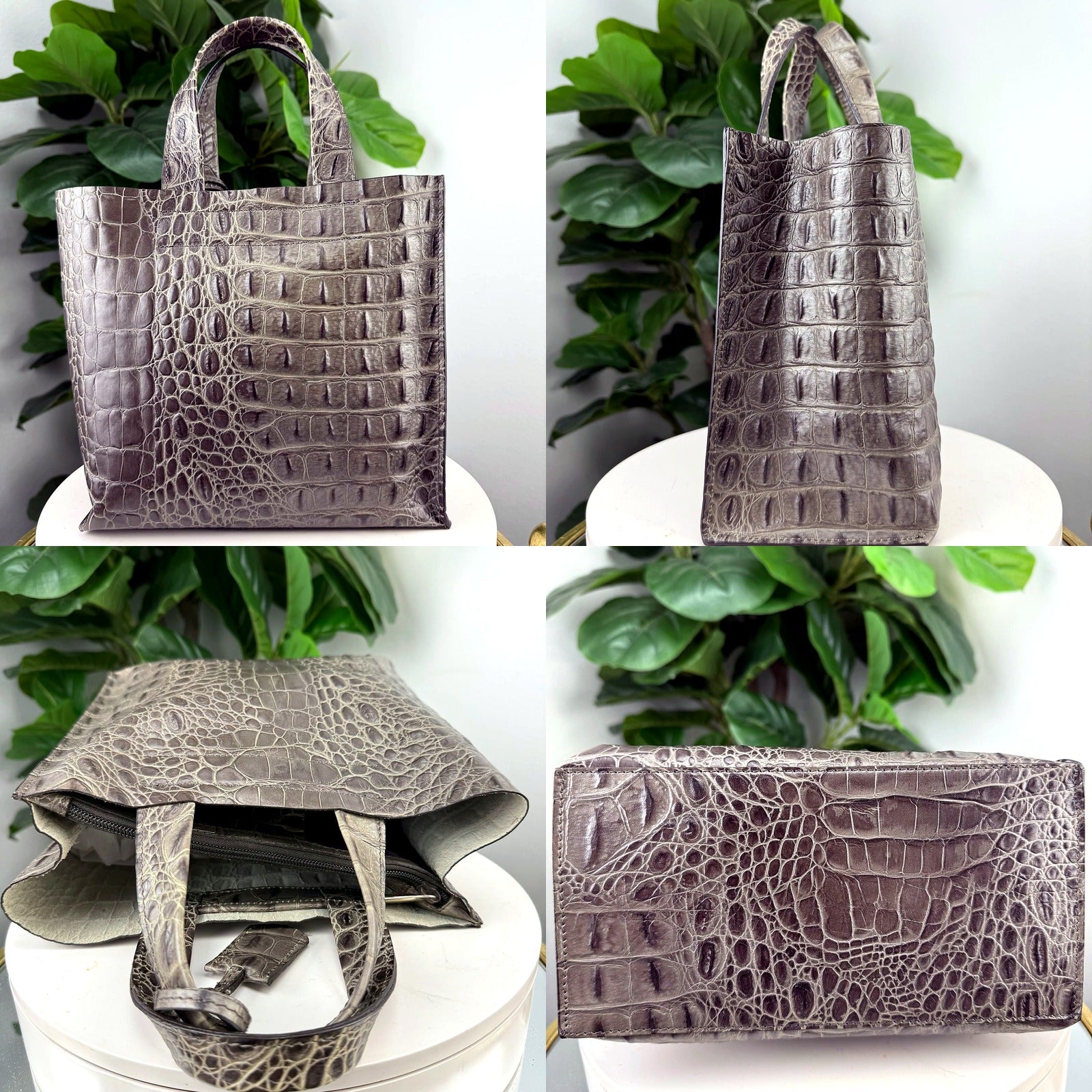 Authentic Furla Divide-It Grey Crocodile-Embossed Tote detail views 1