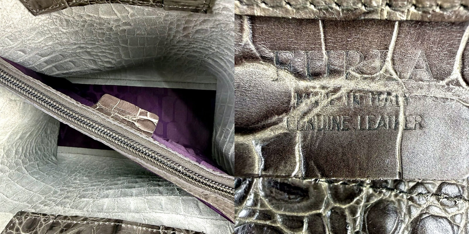 Authentic Furla Divide-It Grey Crocodile-Embossed Tote interior and stamp