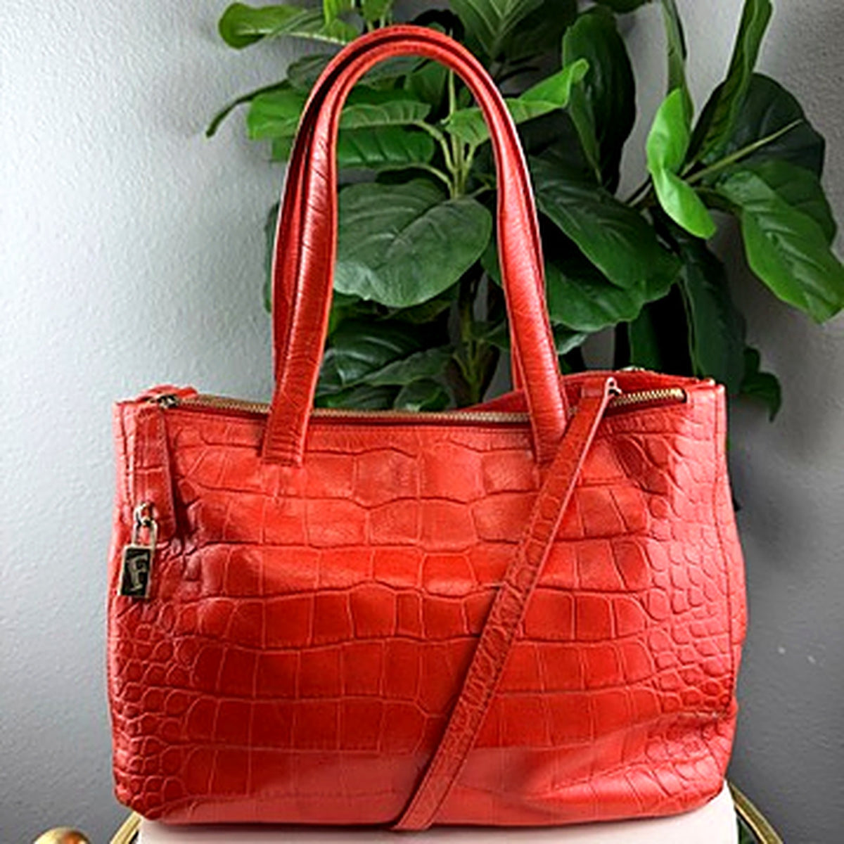 Authentic Furla red crocodile embossed leather tote bag, front view