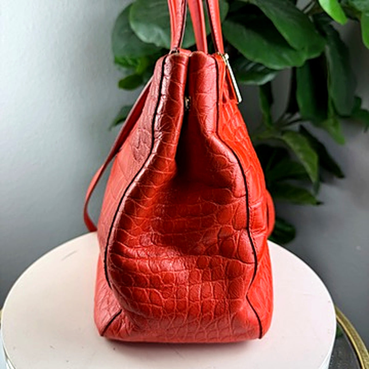 Furla red croc tote, side view