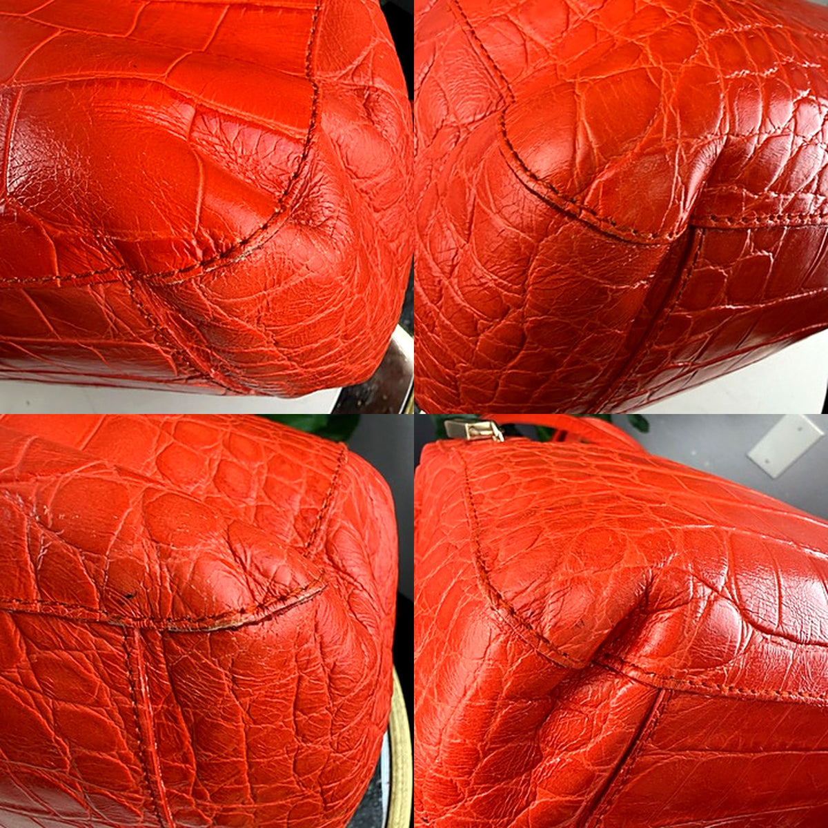 Furla red croc tote, corner and edge macro details