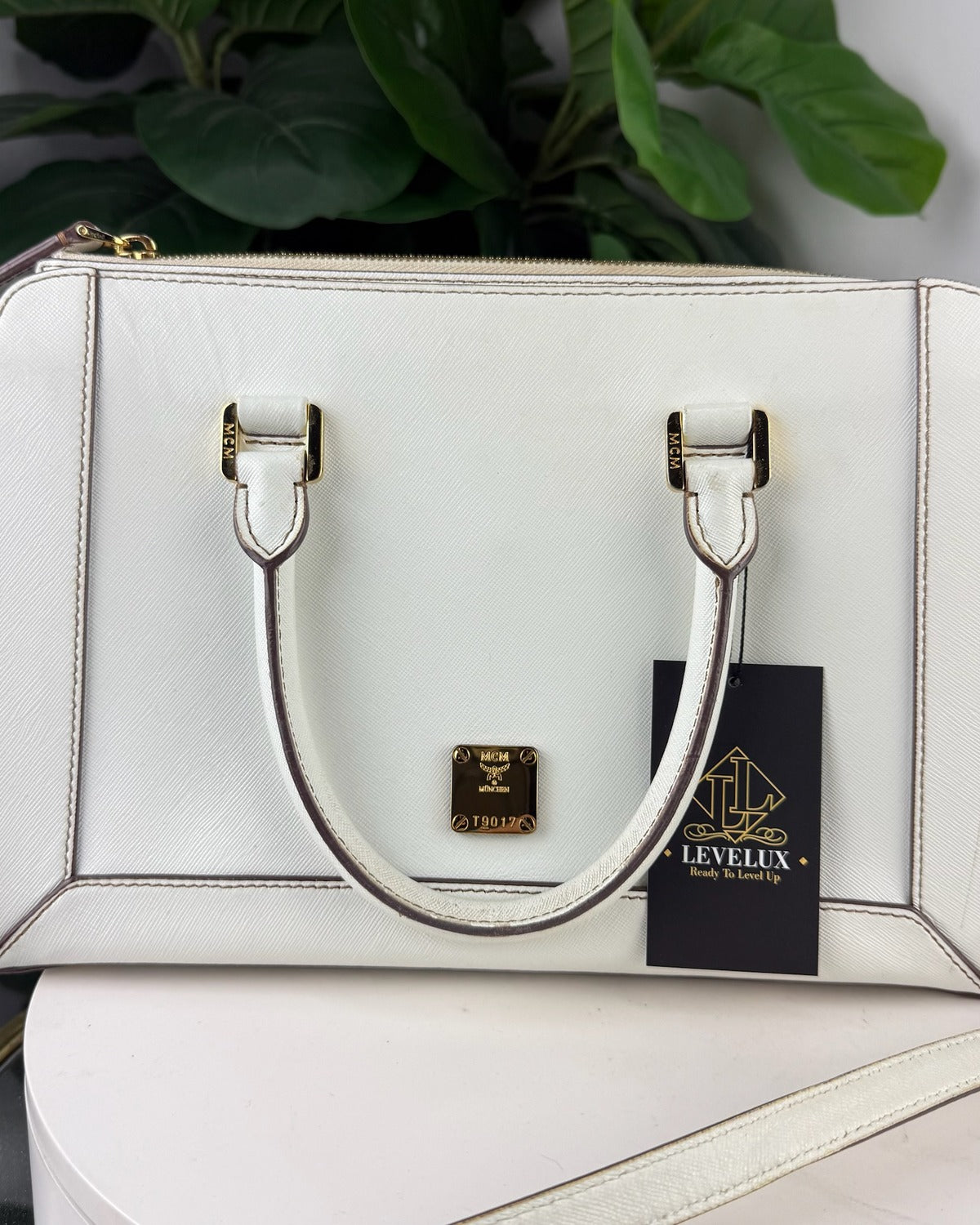 MCM white saffiano satchel front