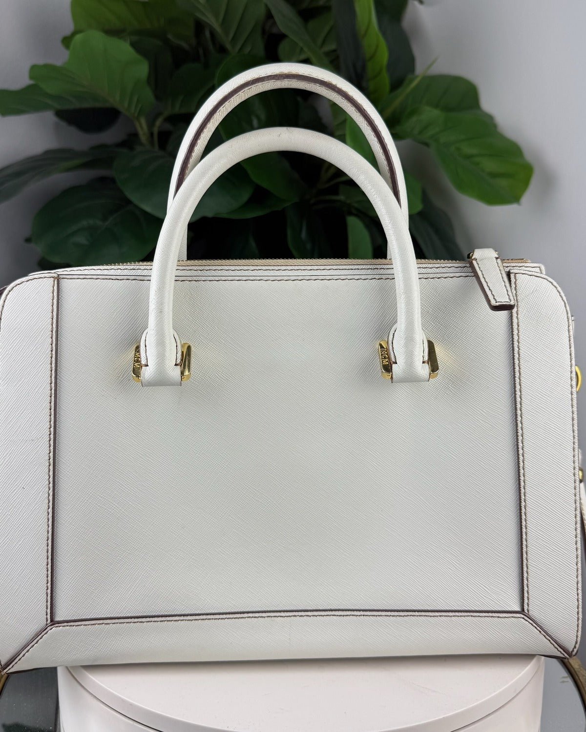 MCM white saffiano satchel back