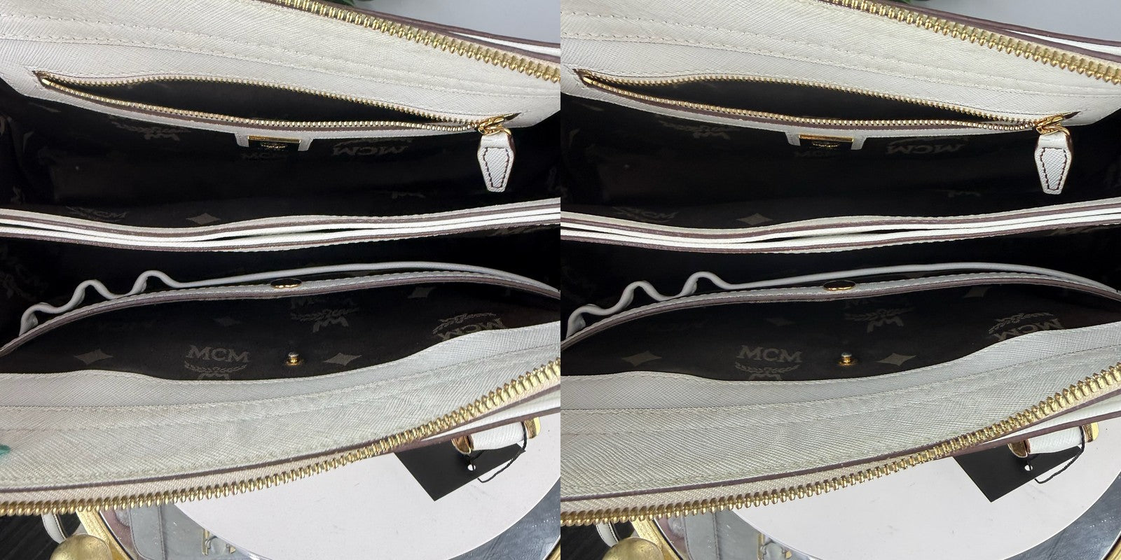 MCM white saffiano satchel details 2