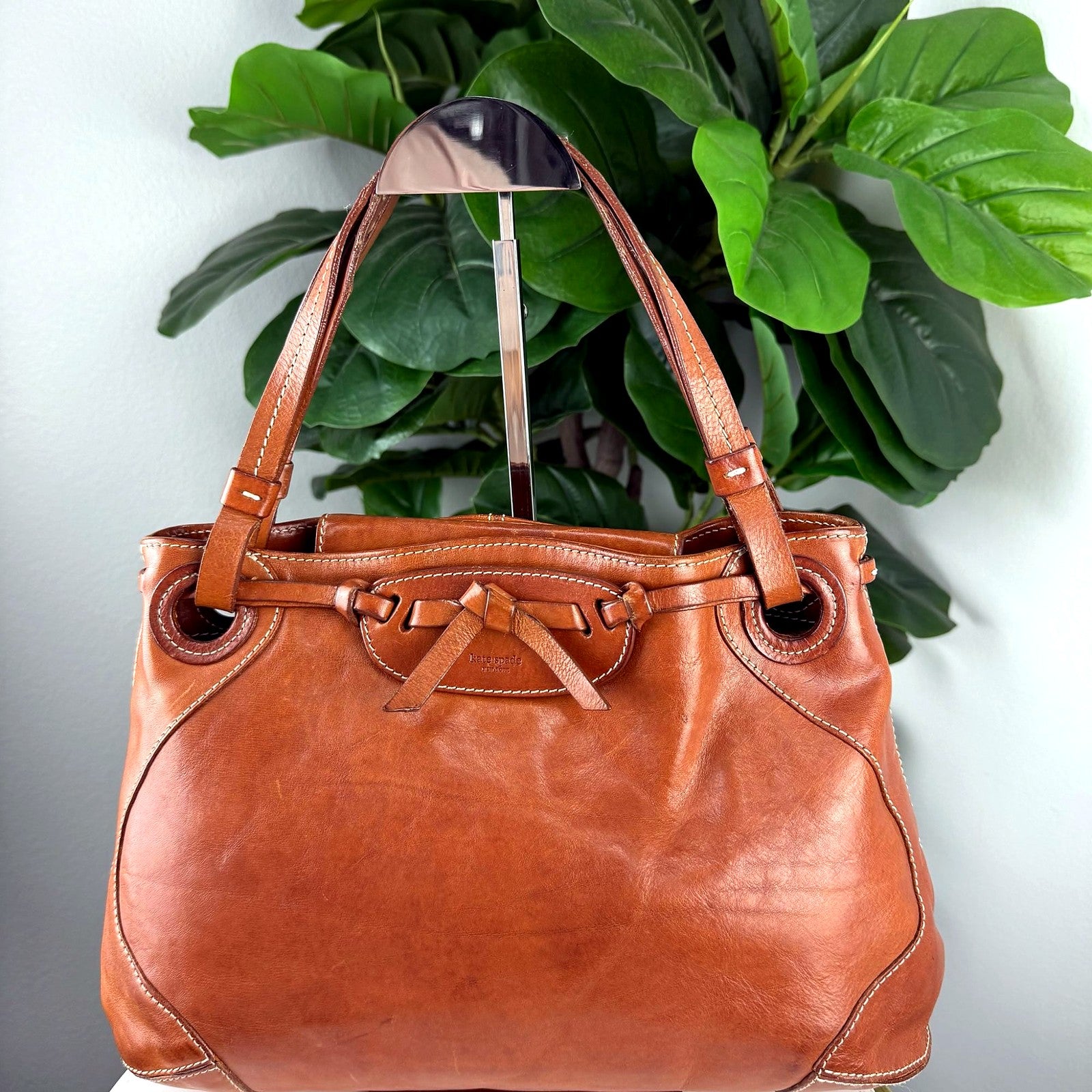Authentic Kate Spade cognac leather bow satchel - front view