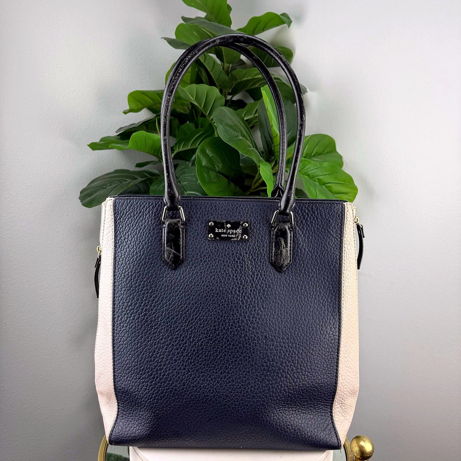 Authentic Kate Spade navy and beige colorblock tote - front view