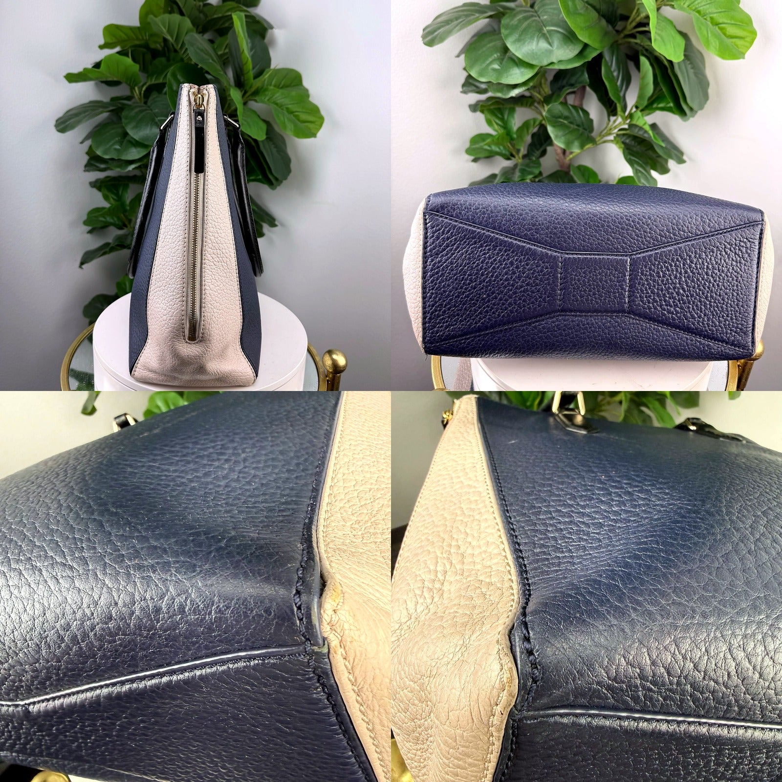 Exterior detail: side profile, base, and leather grain
