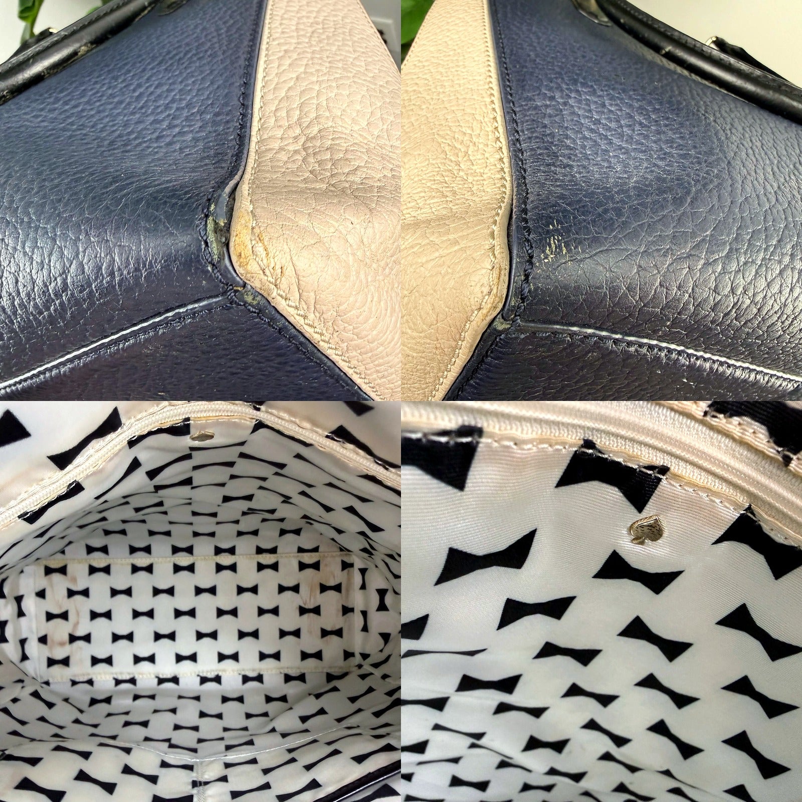 Base corner wear detail and interior bow-print lining with spade charm