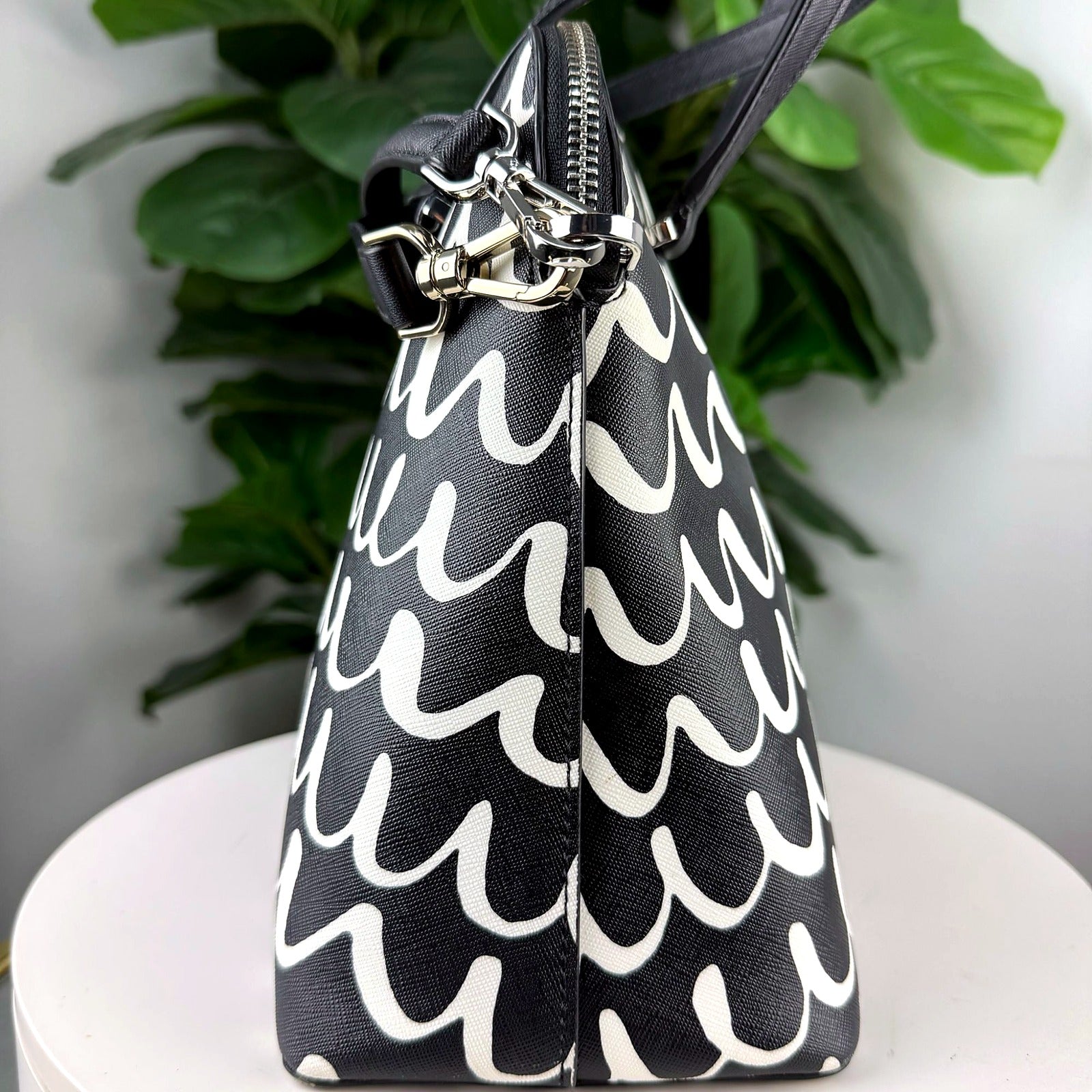 Authentic Kate Spade New York Black and White Wave Print Dome Satchel