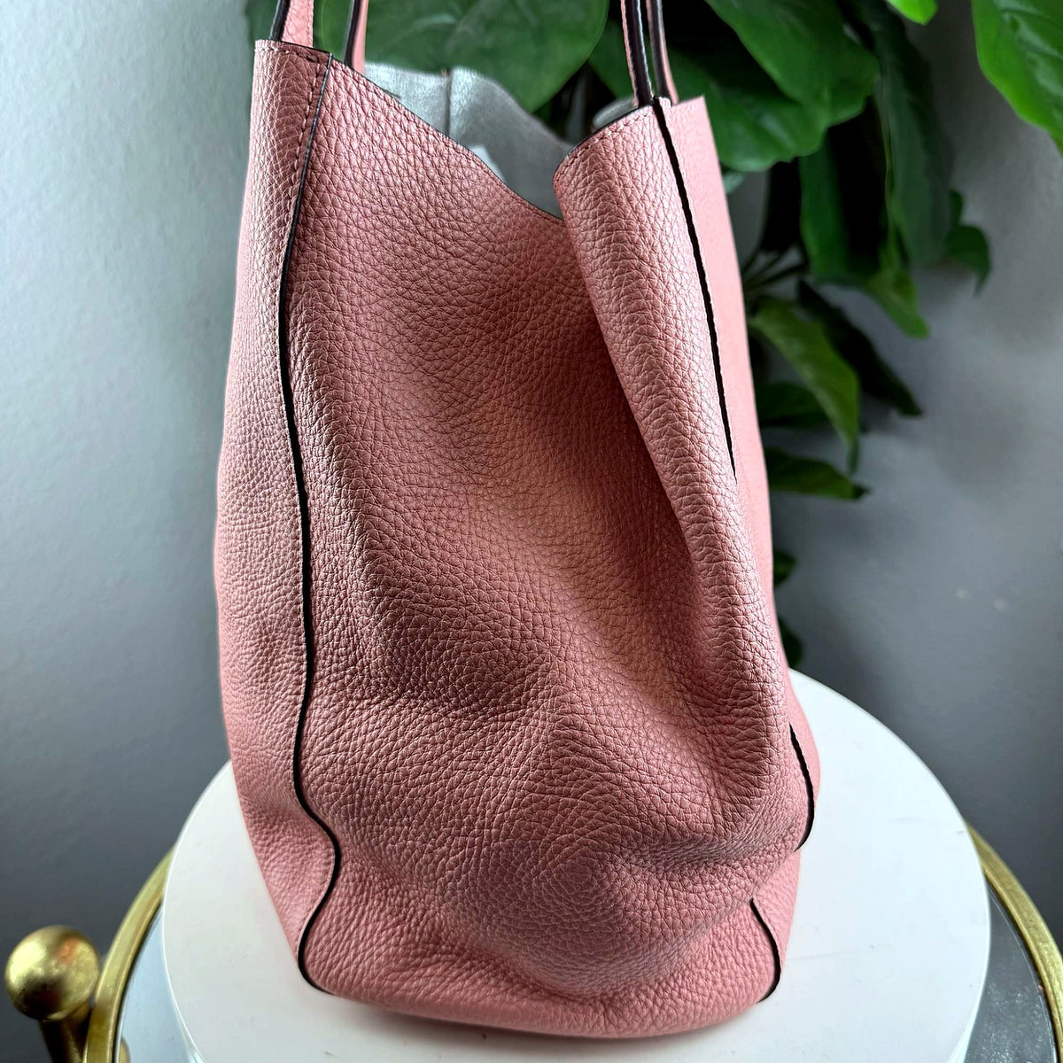 MCM dusty rose tote bag, side slouch view