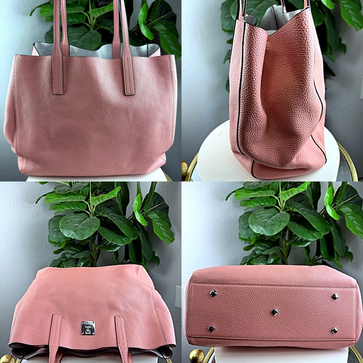 MCM dusty rose tote bag detail grid: front on pedestal, side, and bottom with stud feet