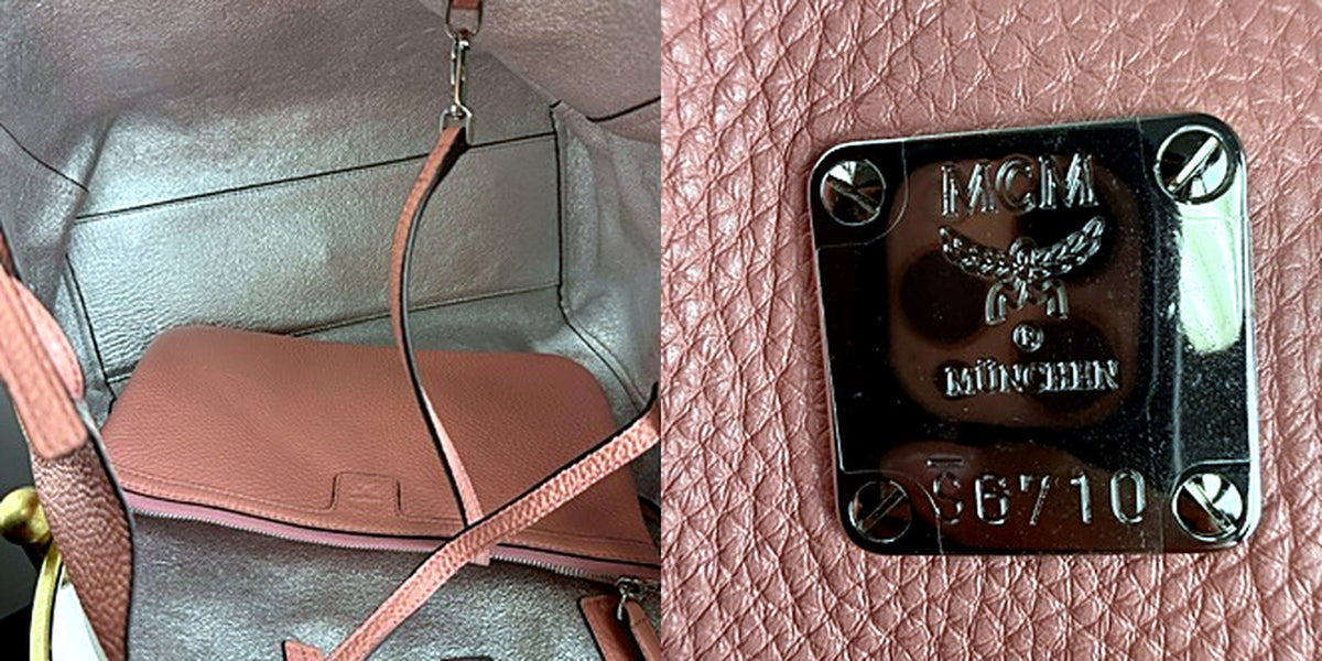 MCM dusty rose tote bag interior with attached pink pouch, and MCM MUNCHEN hardware plate serial S6710