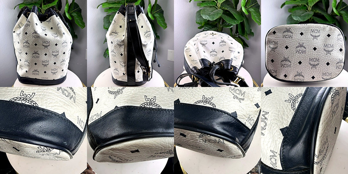MCM Visetos bucket bag detail shots: angles, top, base, and corner macros