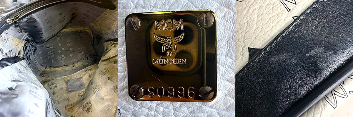 MCM Visetos bucket bag interior, hardware plate MCM MUNCHEN S0996, and strap detail