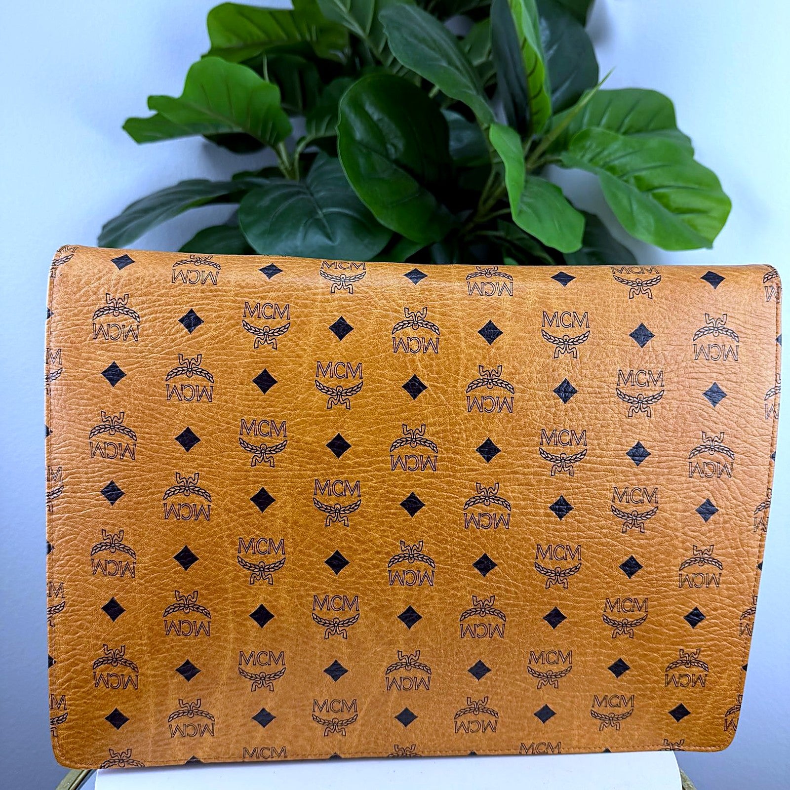 Authentic MCM Cognac Visetos Envelope Clutch - back