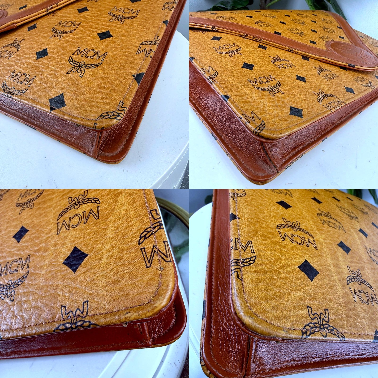Authentic MCM Cognac Visetos Envelope Clutch - corner and trim detail