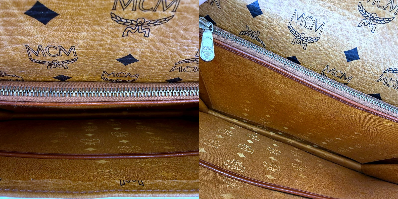 Authentic MCM Cognac Visetos Envelope Clutch - interior and zipper pull