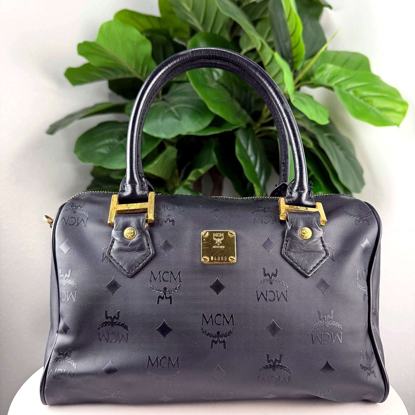 Authentic MCM Black Visetos Monogram Boston Bag