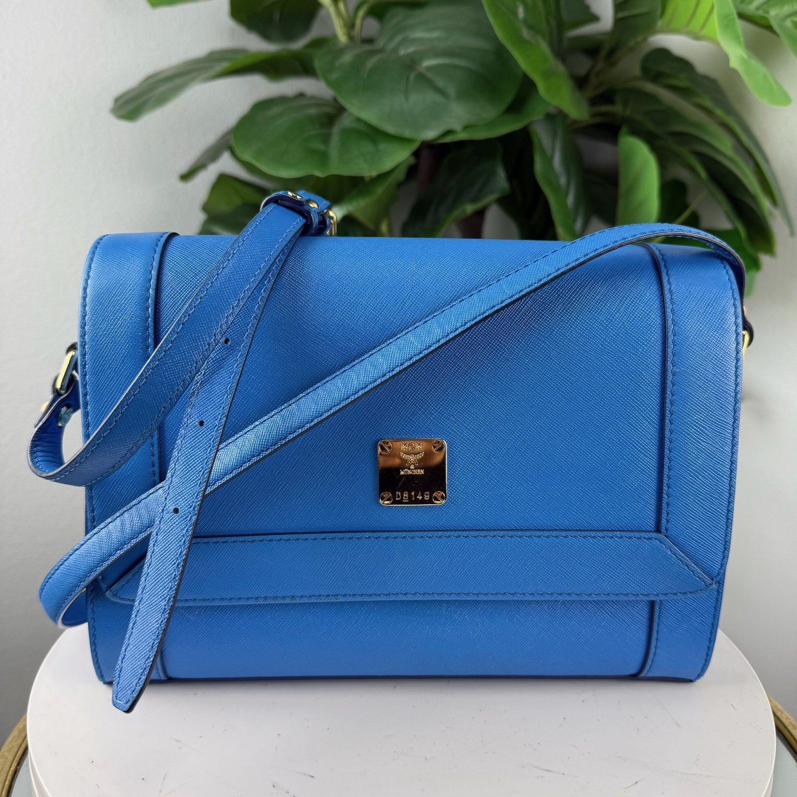 Authentic MCM Blue Saffiano Leather Flap Crossbody Bag - Gold Hardware