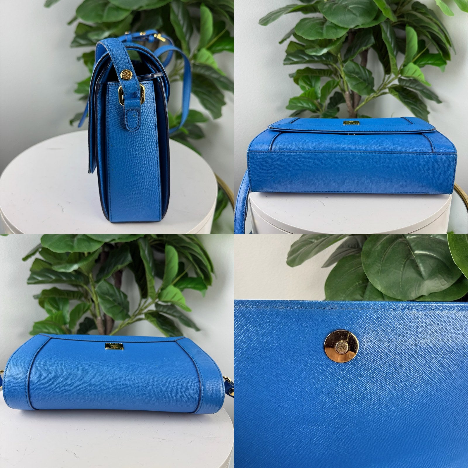Authentic MCM Blue Saffiano Leather Flap Crossbody Bag - Gold Hardware