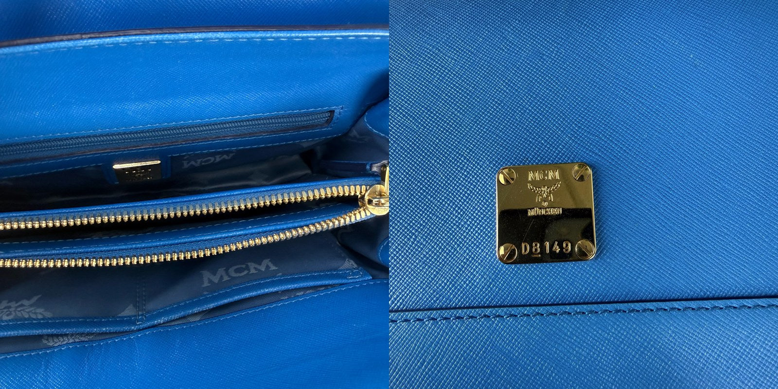 Authentic MCM Blue Saffiano Leather Flap Crossbody Bag - Gold Hardware